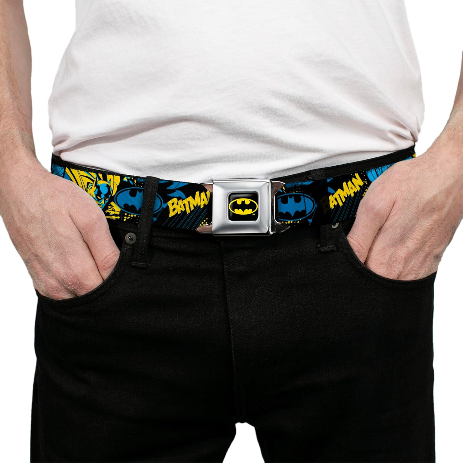 DC Comics Belt, Seatbelt Buckle Belt, Batman Poses and Logo Collage Black Blue Yellow, Adjustable image number 6