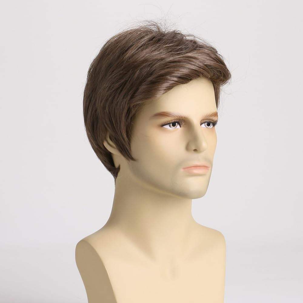AUBWIG Men'S Wig Brown Short Wig Natural Fluffy Wig Long Men'S Day Costume Synthetic Full Wigs (Brown) image number 3