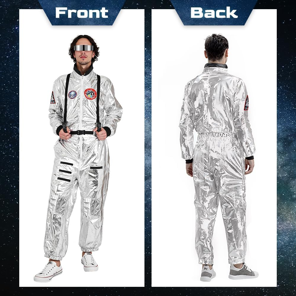 AUTOWT Astronaut Costume Jumpsuit Men'S Women&rsquo;S, Adult Shiny Silver Space Suit with Embroidered Patches and Pockets for Halloween Spaceman Unisex Costume Party Cosplay Carnival Outfits image number 1