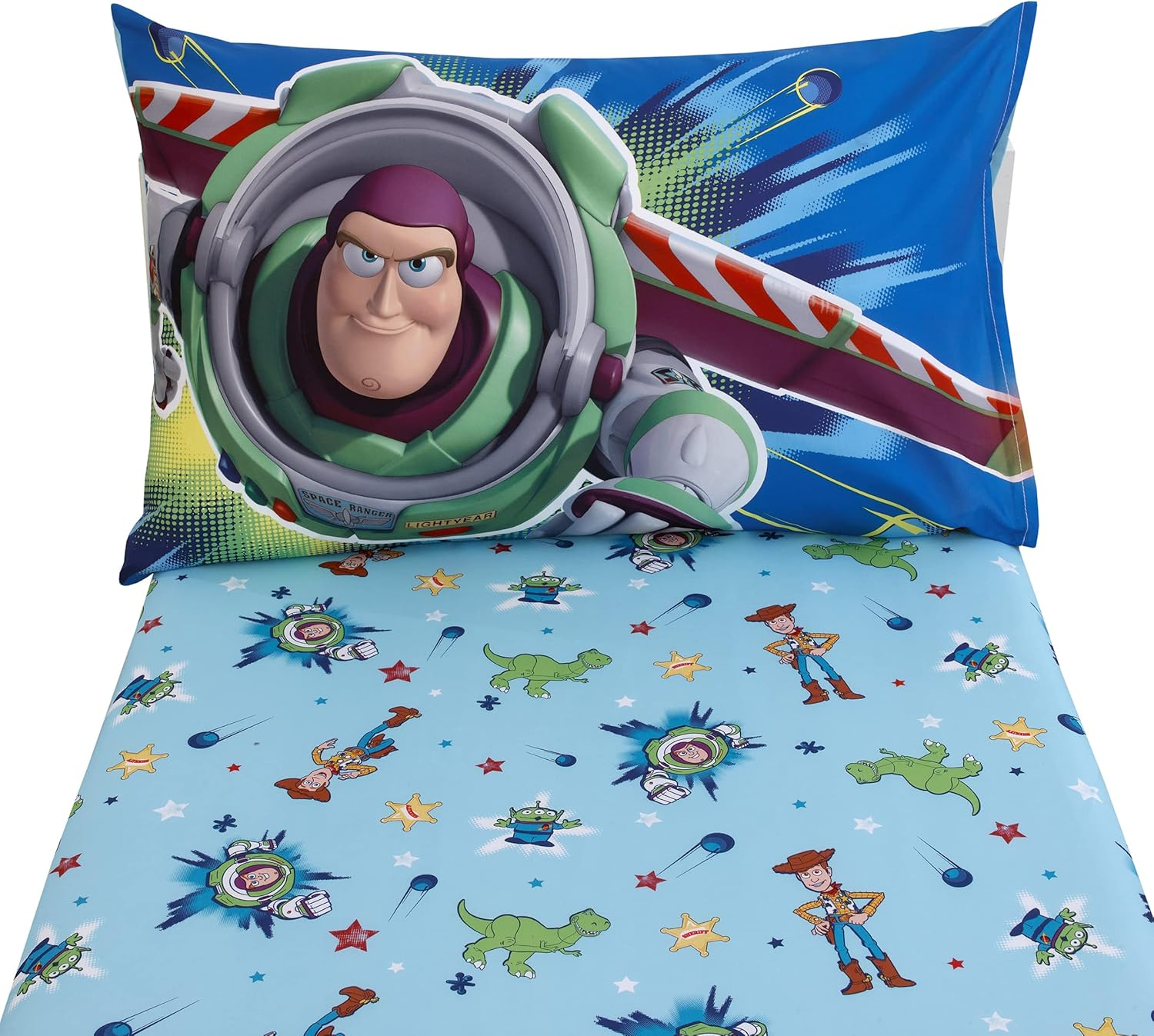 Disney Toy Story Power up 2 Pack Fitted Sheet and Pillowcase Toddler Sheet Set, Blue/Green