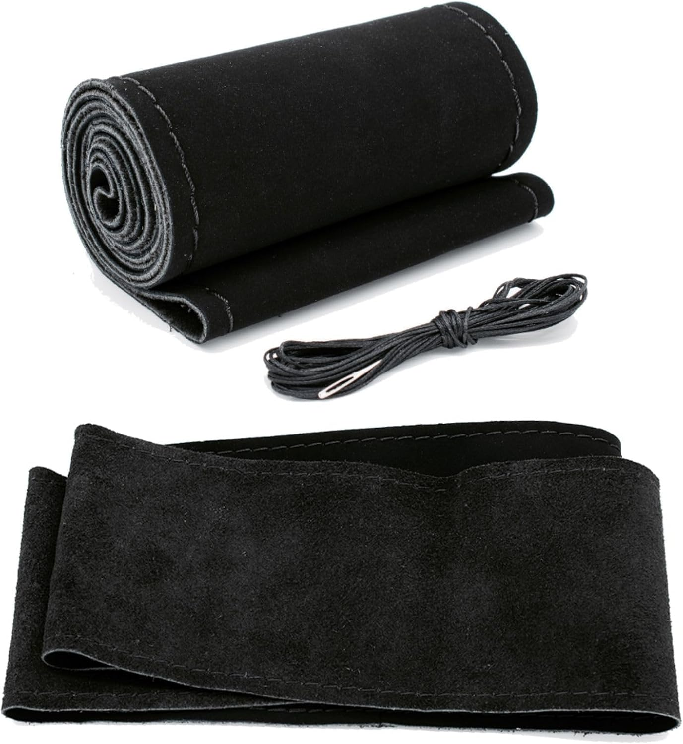 AUTOXBERT 38Cm/15 Suede Leather Non-Slip Steering Wheel Cover DIY Hand Sewing Cowhide Leather Skidproof Car Protector with Needle Thread