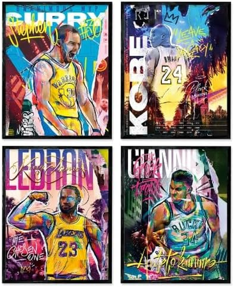 ZIENVE Basketball Stars Poster, Set of 4 Sports Wall Art Stephen Curry James Giannis Antetokounmpo Canvas Posters for Room Decor Unframed, 20X25Cm
