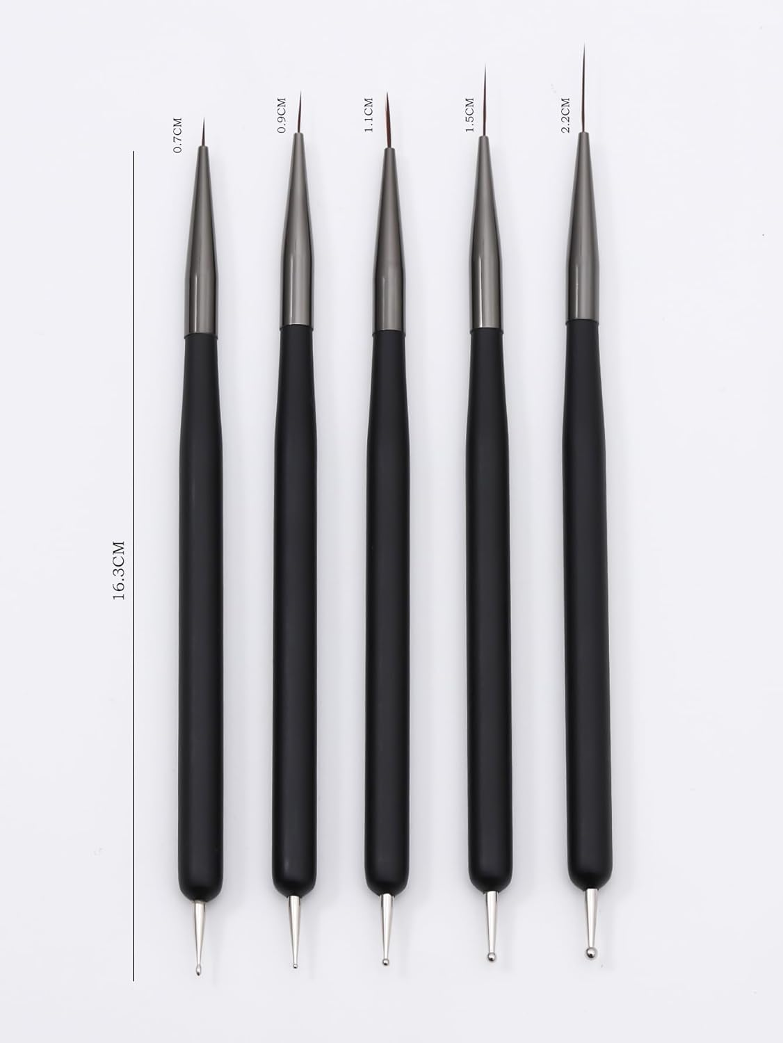 ZEOHBETY Nail Art Brushes, 5Pcs Nail Art Liner Brushes, Dotting Pen Tools, Painting Art Design Brush Set for Long Lines, Thin Details, Fine Drawing Sizes 7/9/11/15/22Mm, Black image number 4