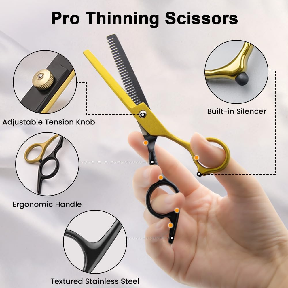 9 PCS Hair Cutting Scissors Kit,Barber Scissors with Black Gold Finish,Stainless Steel Hair Cutting Shears Set in Leather Case for Women Men Pet,Barber Salon and Home image number 1