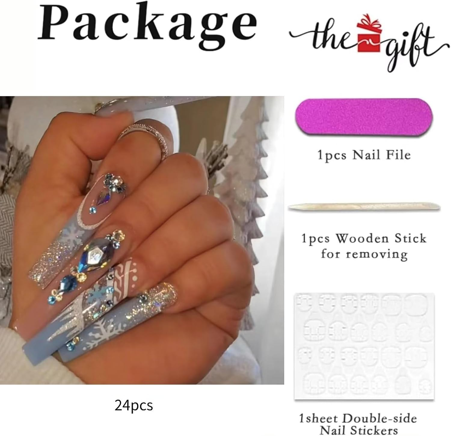 RUNRAYAY Extra Long Square Press on Nails, Christmas Blue Snowflake Press on Nails French, Fake Nails Full Cover for Women, 24 Pieces