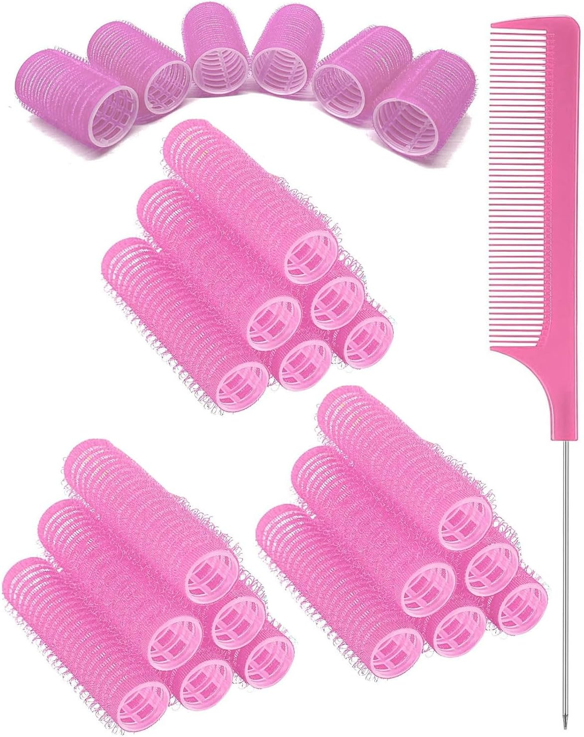 TPZORJX 37 Pieces Manual Hair Rollers Self Adhesive for Salon Hair Salon Rat Tail Comb DIY Curlers with Steel Needle Tip Combs (Rose) image number 1