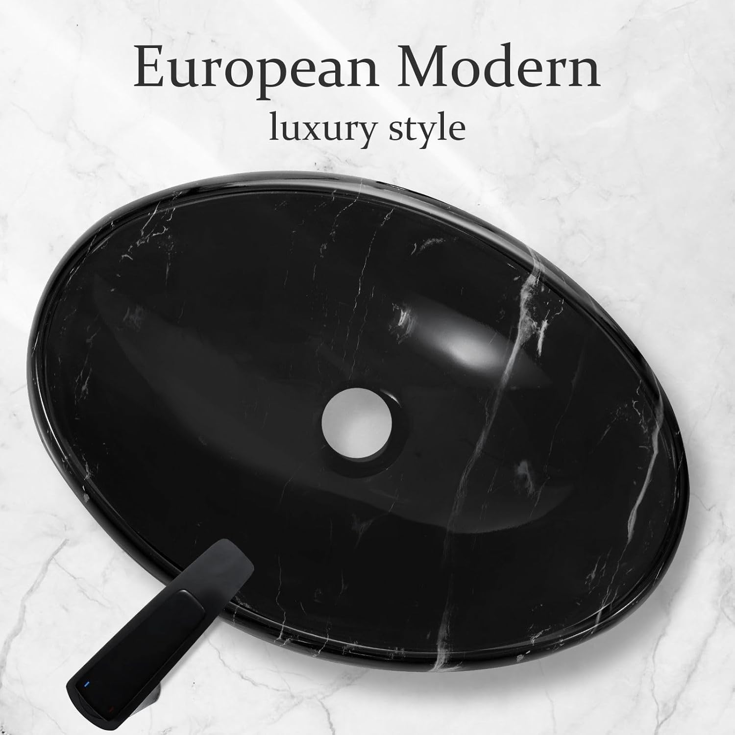 Luxsuite Bathroom Sink Vanity Basin Bath Vessel above Counter Oval Hand Wash Bowl Ceramic Sink Countertop Black Marbled image number 6