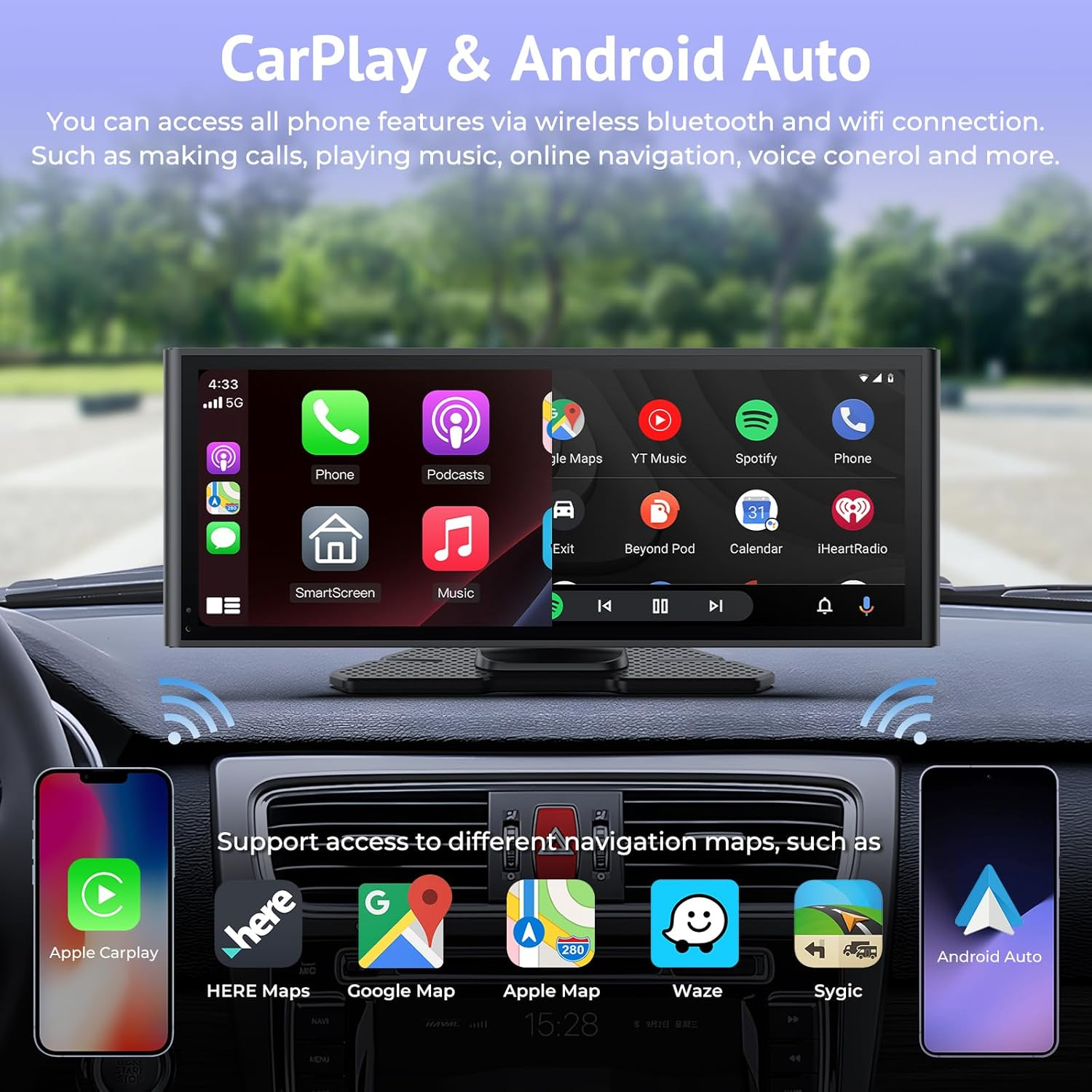 Wonsidary Carplay Screen for Car 10.26" HD IPS Wireless Compatible with Apple Carplay & Android Auto,Touch Car Play Screen with Superlink,4K Dash Cam,1080P Backup Camera,Loop Recording,Bluetooth Audio image number 2