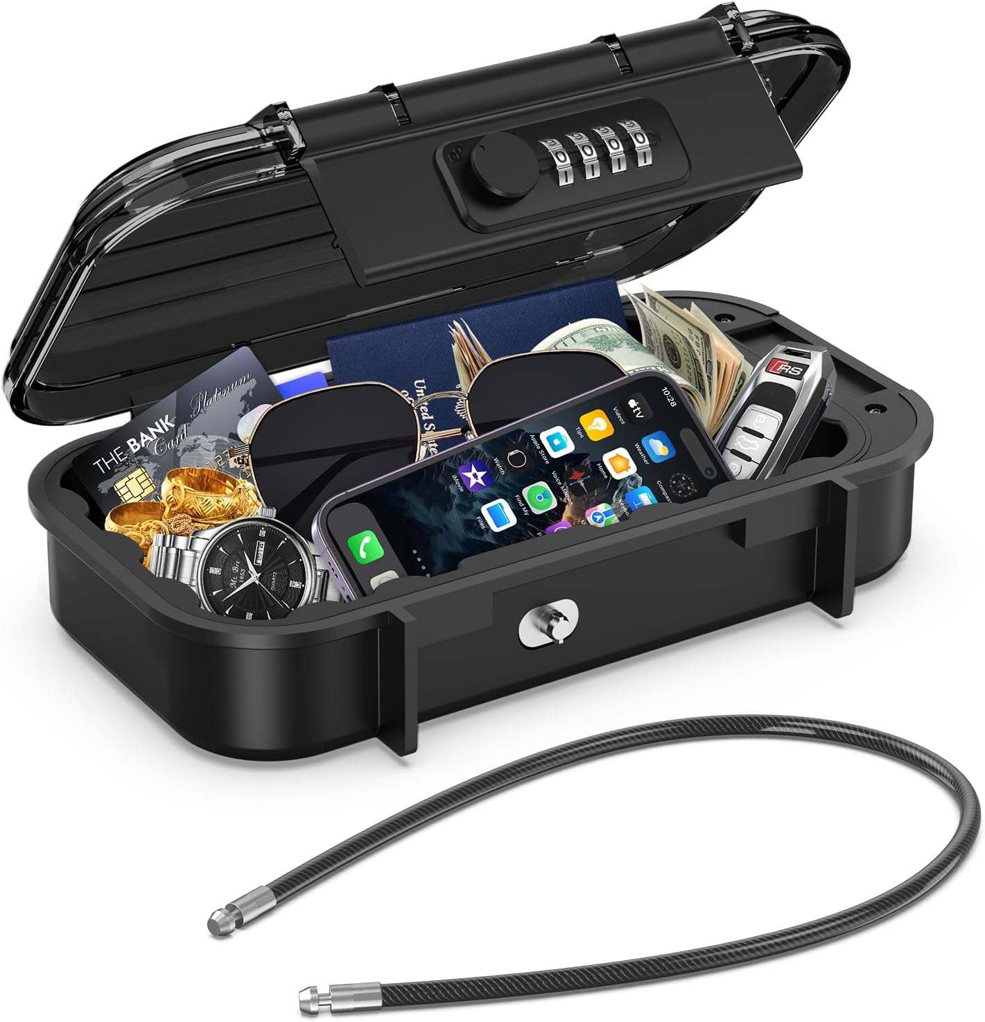 ORIA Portable Safe Box, Combination Security Case, Waterproof Security Travel Lock Box with 4-Digit Code, Detachable Wire Rope, Anti-Theft Key Storage Lockbox for Phone, Card, Home, Hotel, Beach image number 5