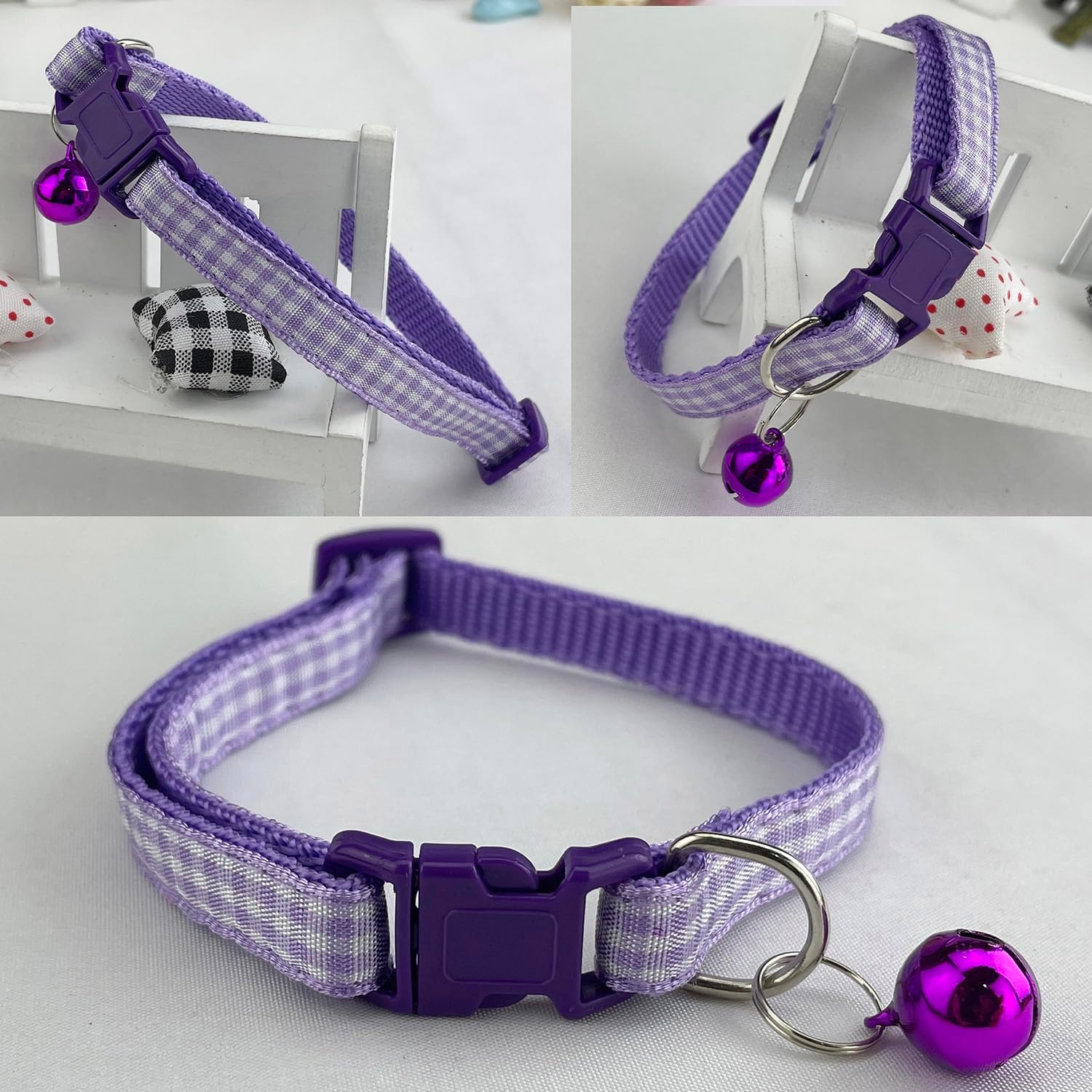 2 Pieces Plaid Cat Collar with Bells for Cat - Pinkpurple image number 6