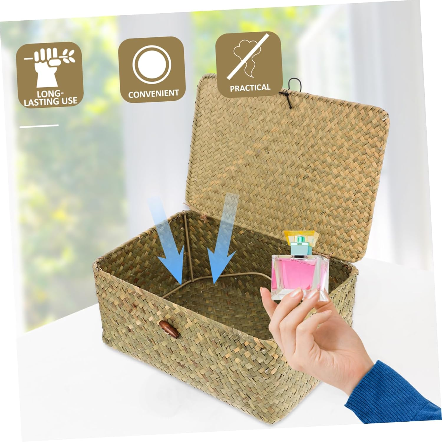 IMIKEYA Natural Color Woven Storage Box with Lid Rattan Basket for Organizing Clothes and Sundries Decor for Bedroom and Home image number 2