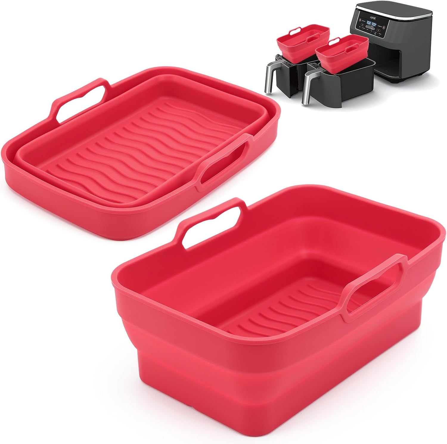 Ninja Dual Air Fryer Silicone Liners 2 Pack - Reusable Replacement Basket Bowl, Collapsible Baking Tray for Oven Microwave Accessories (Black)