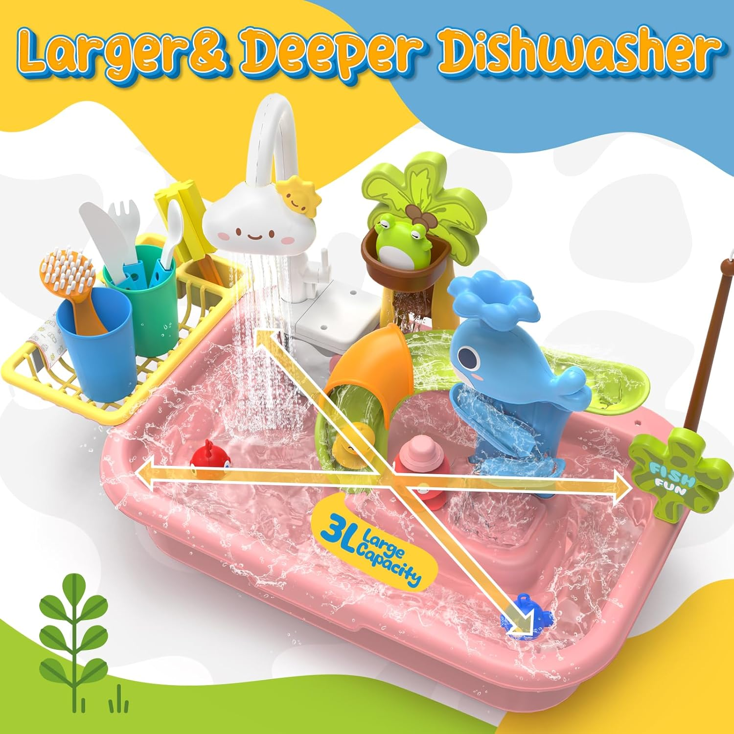 Play Sink with Running Water, 4-In-1 Kids Kitchen Sink Toys with Electric Faucet, Water Table Floating Pool Toy W/Fishing Game, Duck Slide, Pretend Play Dishwasher Set for Toddler Boys Girls (Pink) image number 6