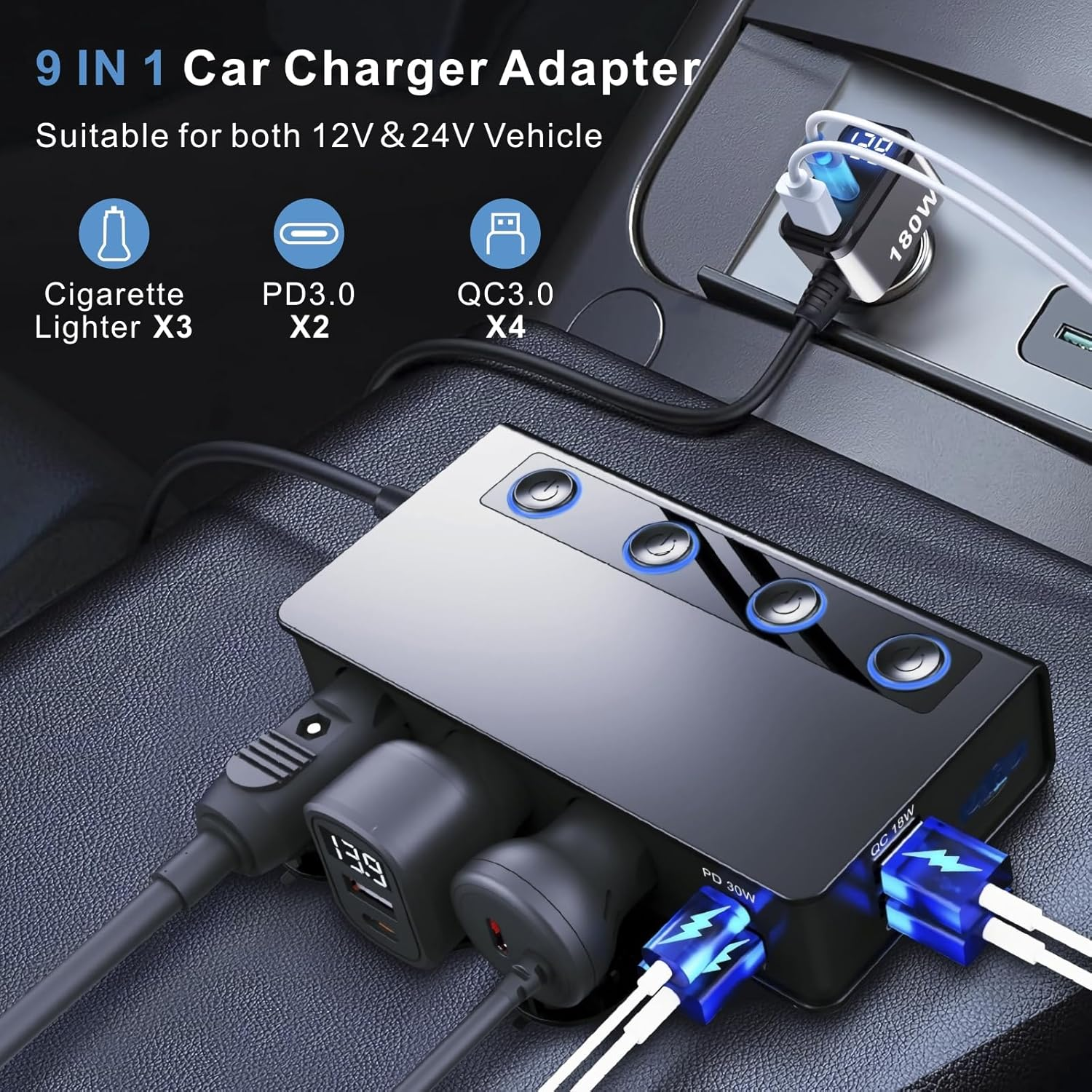 Car Cigarette Lighter Adapter QC&PD 3.0, 120W/180W 12V/24V USB Car Charger Adapter 3 Socket Cigarette Lighter Splitter with LED Voltmeter, 6 Fast Charging Ports, Safe Protection for Iphone,Ipad,Laptop image number 1