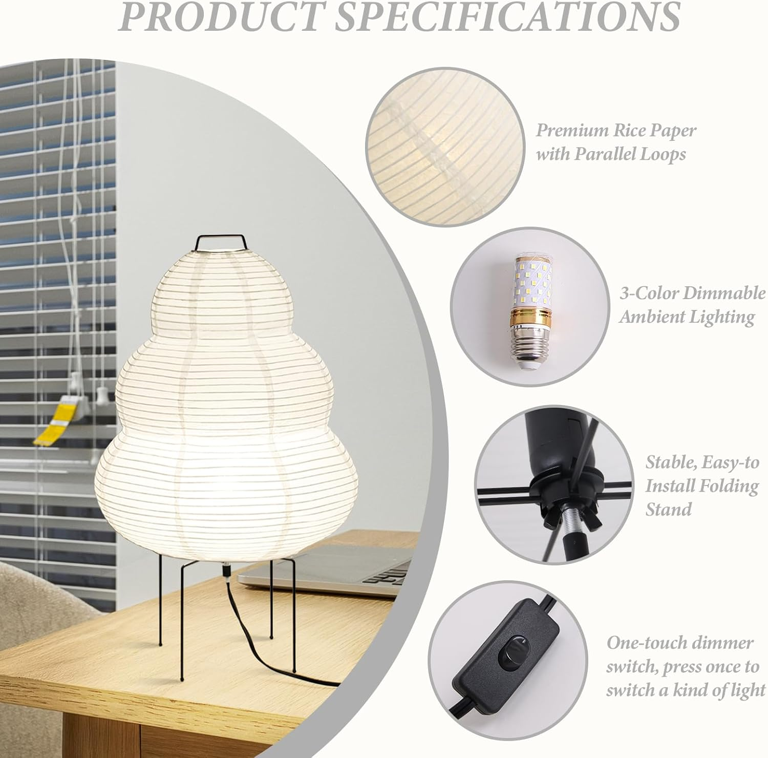 Noguchi Floor Lamp, Akari Rice Paper Lamp, Paper Lantern Floor Lamp with Warm and Cozy Ambiance for Any Room image number 2