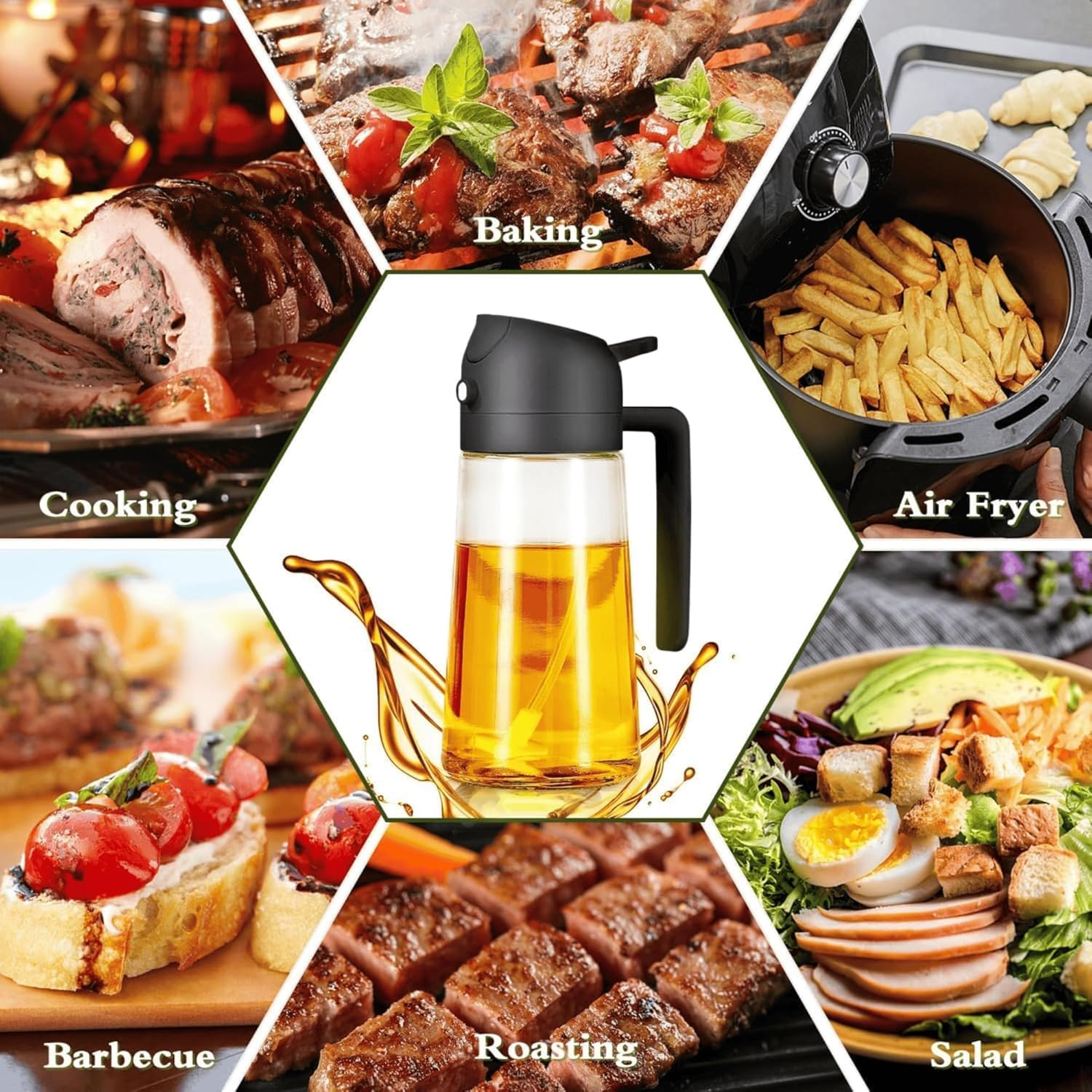 ZIGMART 5-In-1 Glass Oil Sprayer Dispenser Bottle & Durable Oil Sprayer Refillable for Kitchen - High-Quality Oil Sprayer for Air Fryer, Salad Dressing, BBQ, Pourer & Oil Brush (Black) image number 2