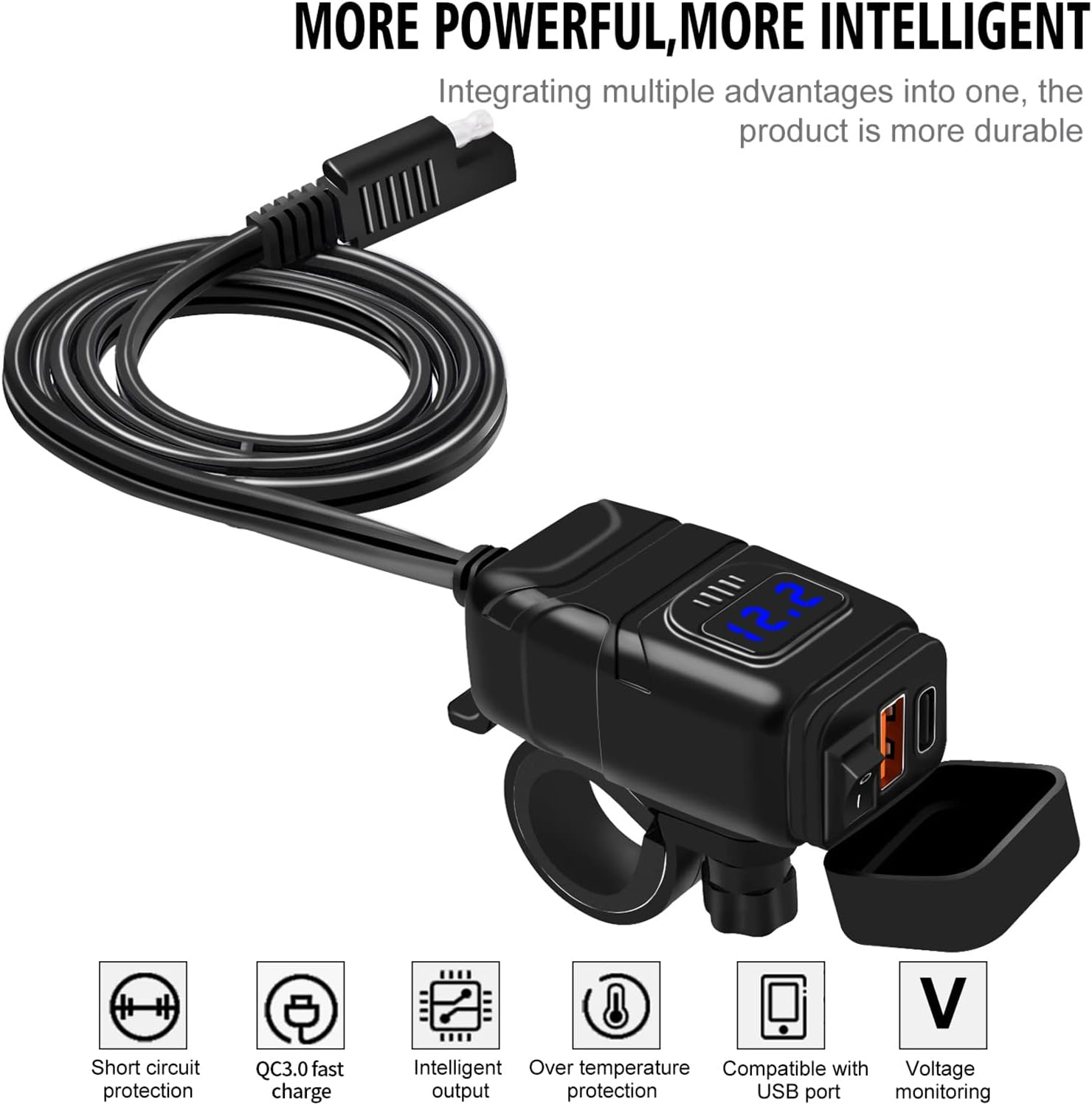 Domary Motorcycle USB Chargerpe-C Charger Super Fast Charger QC3.0 with Voltmeter On/Off Switch for Phone Tablet 7/8Inch Handlebar image number 3