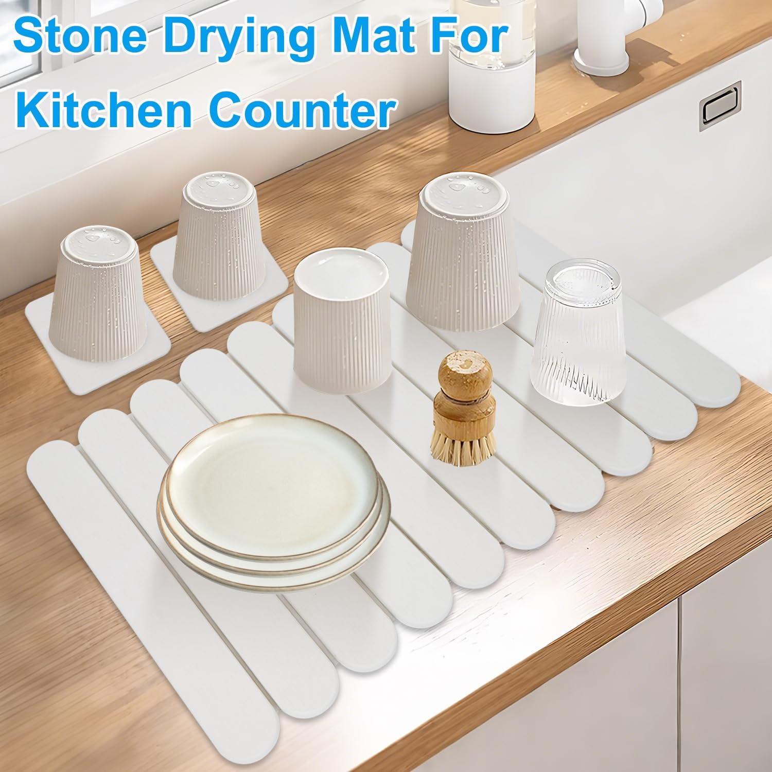 Foldable Stone Dish Drying Mat: Large 24"X16" Absorbent Diatomaceous Earth Mat for Kitchen Counter | Quick Drying & Heat-Resistant for Dishes Bottles Cups with 2 Coasters image number 6