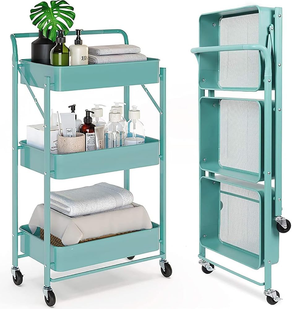 GUDAJIN 3-Tier Foldable Rolling Cart, Metal Cart with Handle, Foldable Mobile Organizer Cart, Multi-Function Storage Trolley, Rolling Storage Organizer Rack for Kitchen Pantry, Office (Black)