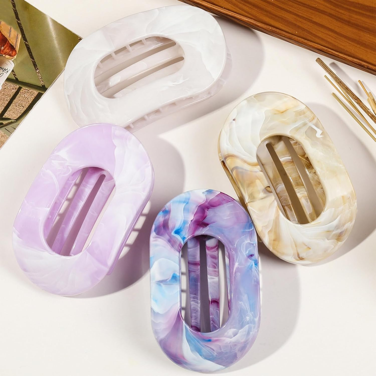 Flomiara 4PCS Flat Claw Clip, Hair Clips for Thick Thin & Fine Hair Women Girls, Marble Print Non-Slip Strong Hold Home Skin Care Makeup Claws Accessories, White, Brown, Purple Set