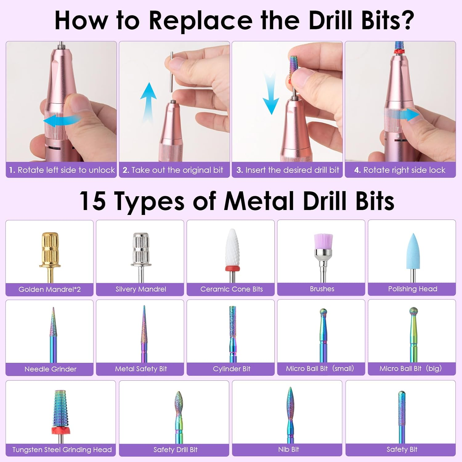 HOMEASY Electric Nail Drill Machine, 40000RPM Professional Nail Kit with 15 Drill Bits, Portable Nail File Electric Nail Filer for Acrylic Nails Gel Polishing Removing for Salon Home (Purple) image number 3
