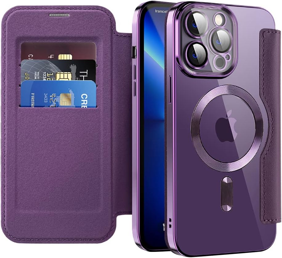 SIYOPINPFY Case for Iphone 13 Pro Max [Compatible with Magsafe] Wallet Flip Case with Card Slot RFID Lock Shockproof Protective Case Back Transparent Mobile Phone Case for Iphone 13 Pro Max, Purple JD image number 5