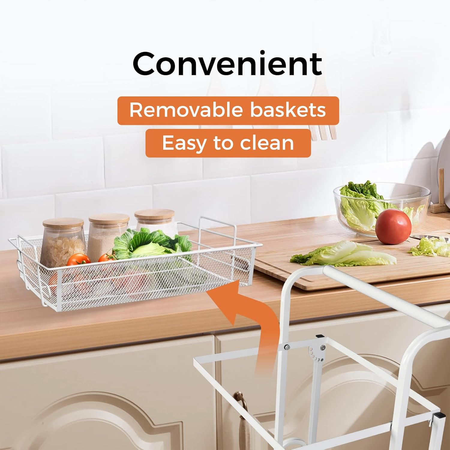 Levede 3 Tier Kitchen Trolley Cart Mobile Foldable Vegetable Storage Shelf Removable Basket, 90&deg;-180&deg; Rotatable Flat Rolling Fruit Organizer Rack with Brake for Living Room,Laundry,30Kg Capacity White image number 4