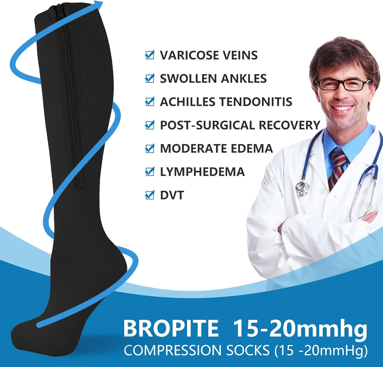 Bropite Zipper Compression Socks Women&Men 2 Pairs Knee High 15-20 Mmhg Closed Toe Compression Socks for Running, Varicose image number 4