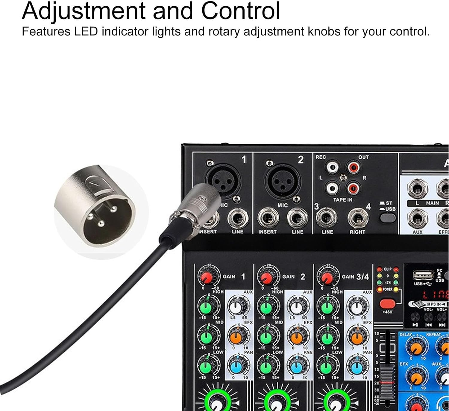 7 Channel Bluetooth Audio Mixer, Low Noise Streaming Mini Line Mixer, Ultra Slim DJ Sound Controller with LED Light, for Home Stage Live Streaming image number 1
