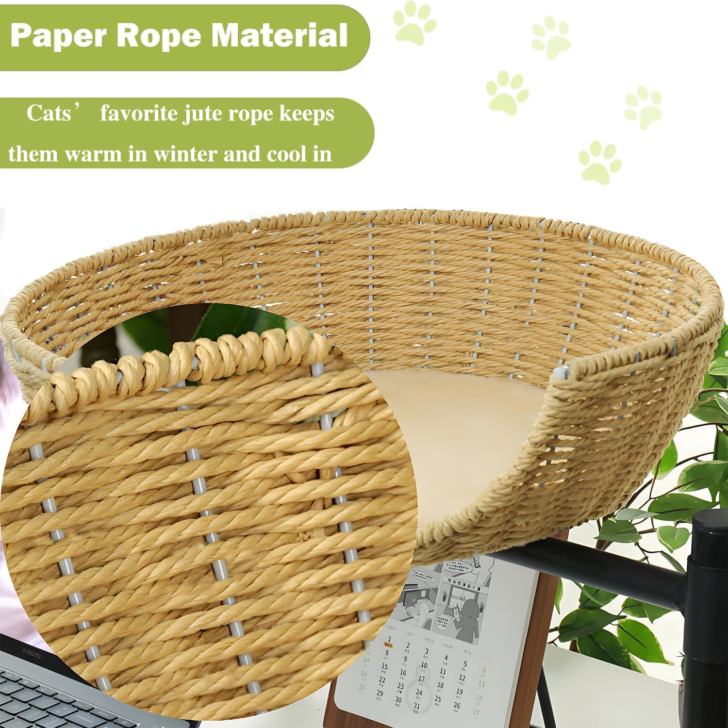 Cat Desk Bed,360&deg;Rotating & Adjustable Desk Cat Bed, Steel Frame,Cat Bed for Desk with Paper Rope Material,Cat B Ed Desk,With Pet Mat C at Beds for Indoor C ATS for Office Desks, Game Tables