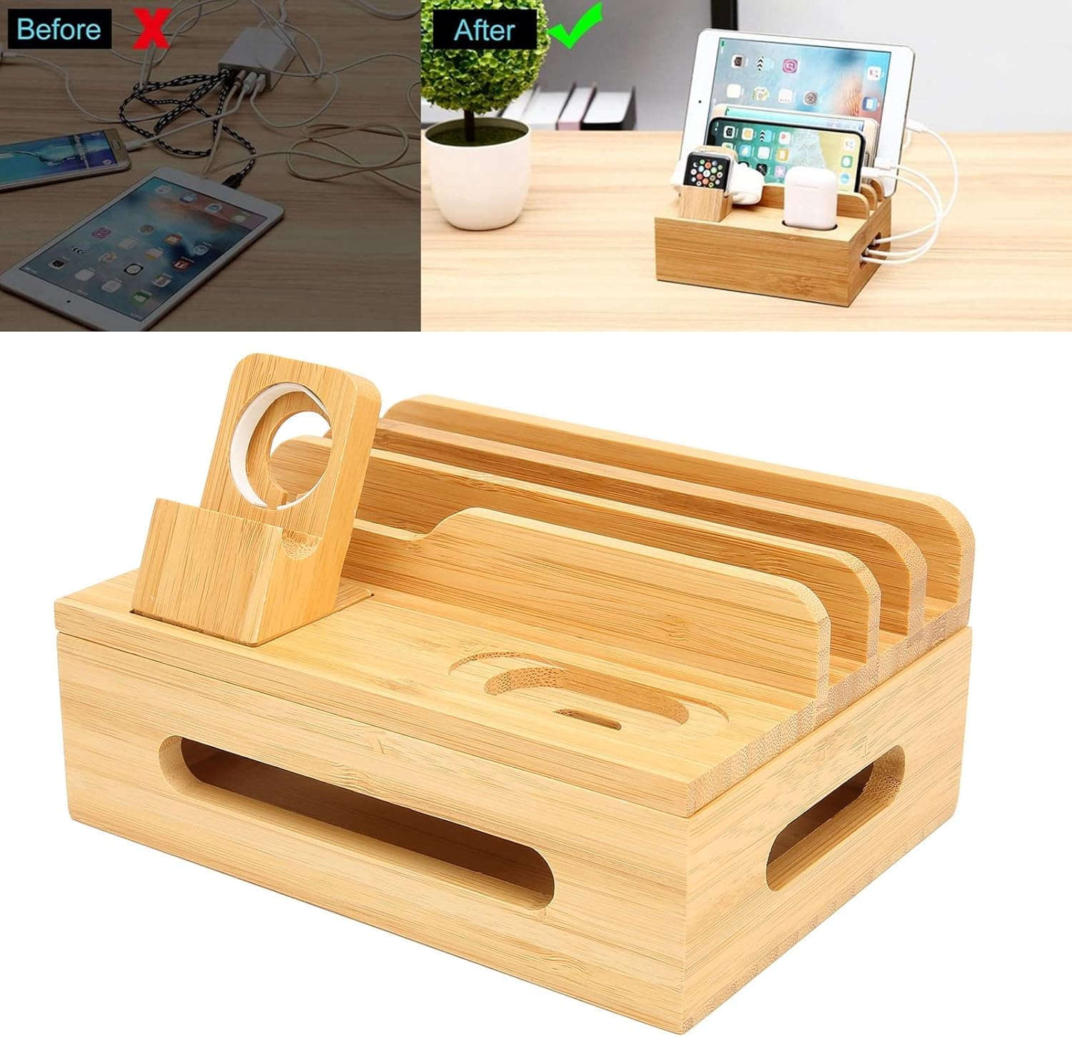 TOPINCN Bamboo Multi Device Charging Station Efficient Organizer for Phone Tablet Watch, Keep Neat and Organized for Home Office Dorm, Bamboo Material image number 5
