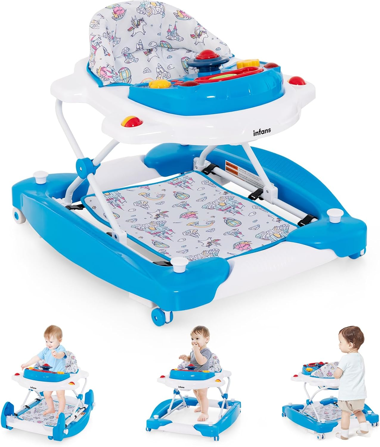 INFANS Baby Walker, 5 in 1 behind Walker Learning Seated Rocker Bouncer with Removable Music Tray, Adjustable Height, Washable Seat Cushion, Foldable Activity Center for Toddlers (Pink)