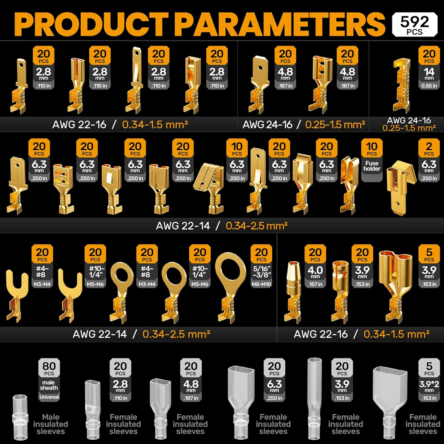 SOMELINE Spade Connector Crimping Tool Kit 24&ndash;14 AWG, 21 Types 2.8/3.9/4.8/6.3 Mm Male & Female Quick Disconnect Non-Insulated Spade Connectors &ndash; Open Barrel Crimping Tool &ndash; Wire Connector Kit image number 2