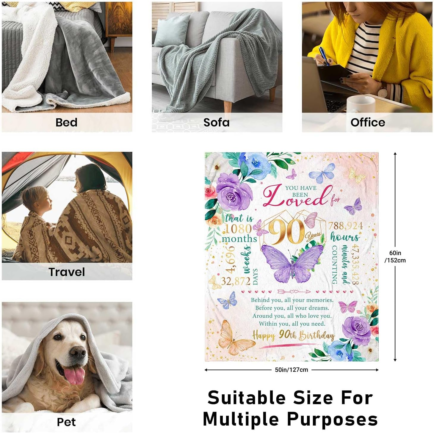 90Th Birthday Gifts for Women - Best 1935 Gift Ideas, Happy Birthday Decorations Throw Blanket 50"X60" - Purple-55Th image number 7