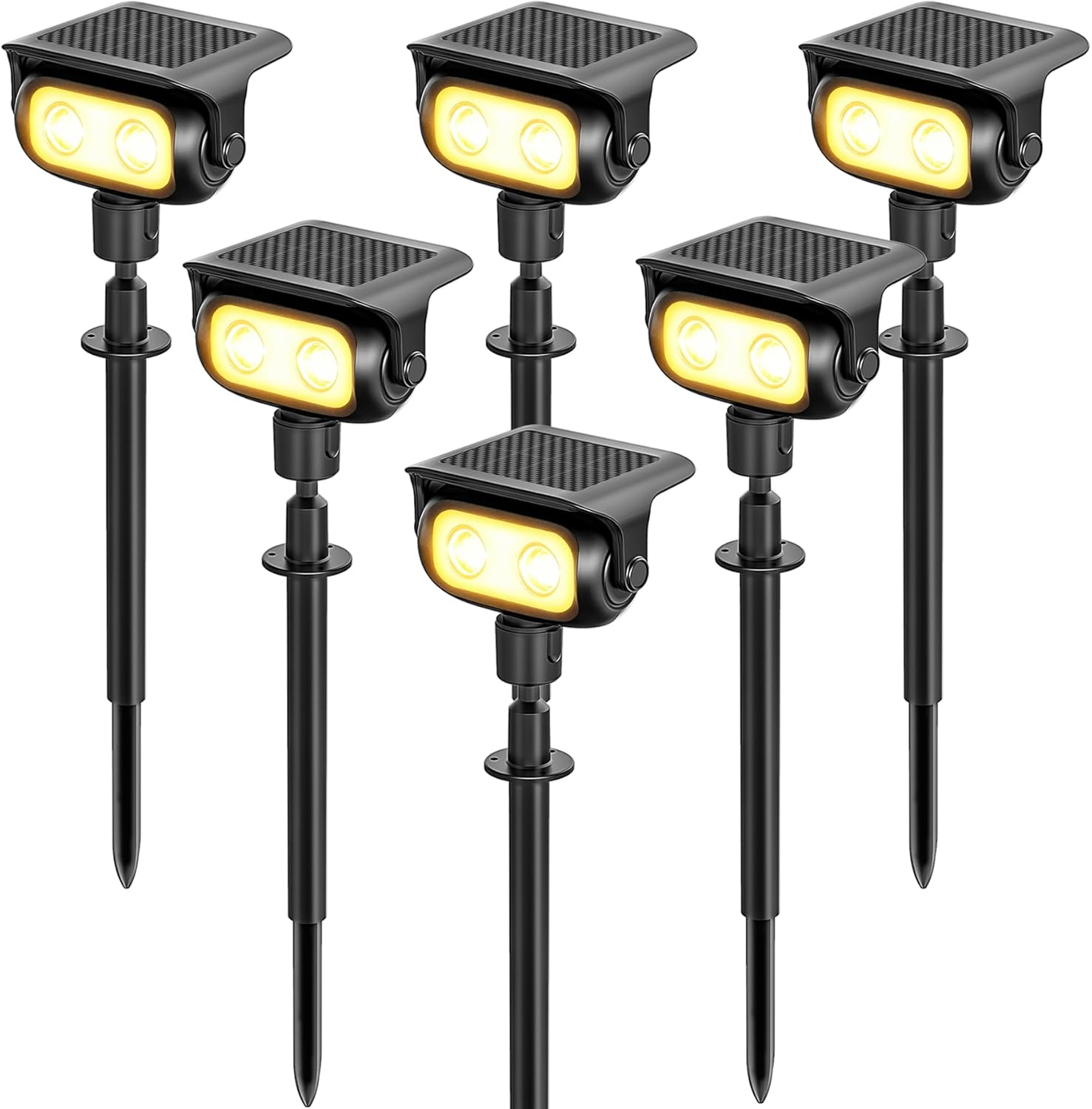 LED Solar Garden Spotlights 6 Pack, 3000K Warm White Solar Lights with Ground Stakes, Dusk-To-Dawn Sensor, IP65 Waterproof Outdoor Lights for Garden, Lawn and Pathway