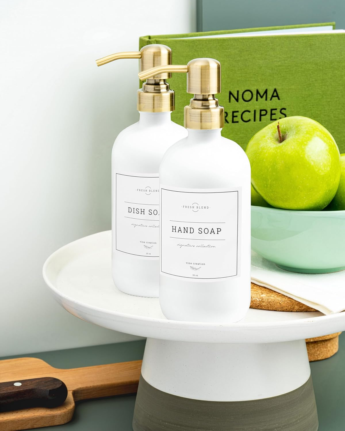 Vine Creations White Glass Soap Dispenser Set, 2 Pack with Stainless Steel Pump, 16 Oz for Kitchen and Bathroom, Dish Soap Dispenser with Waterproof Labels - Clear Bottle / Gold Pump image number 5