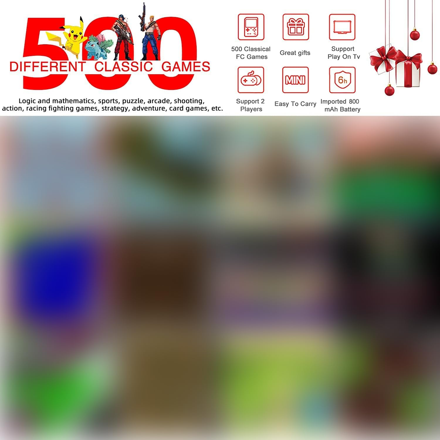 Handheld Game Console, Portable Retro Video Game Console with 500 Classical FC Games, 3-Inch Screen, 1020Mah Rechargeable Battery Support for Connecting TV and Two People to Play Together (Blue) image number 2