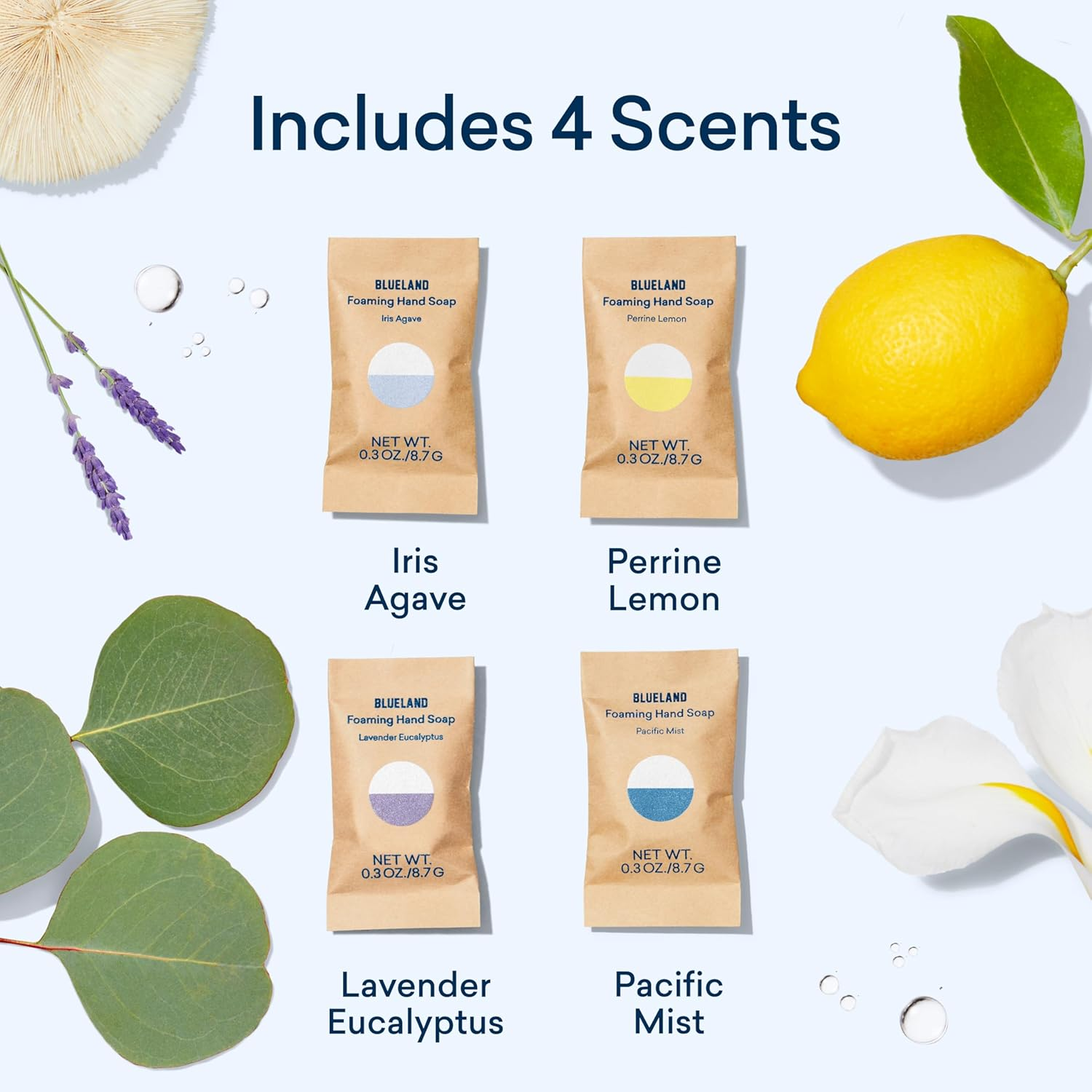 BLUELAND Hand Soap Duo, 2 Refillable Glass Foaming Hand Soap Dispensers with 8 Refill Tablets, Variety Scents, 8 X 9 Fl Oz image number 4