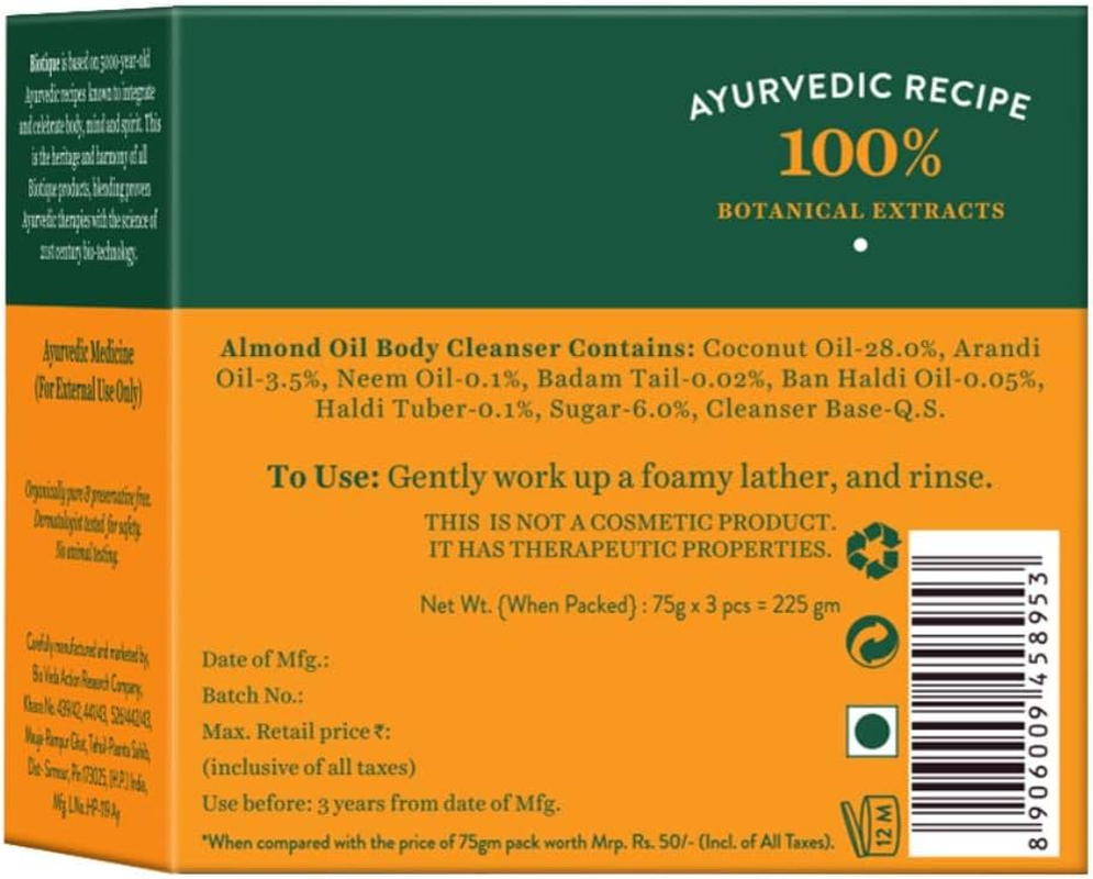 Biotique Bio Almond Oil Nourishing Body Soap, Pack of 3, 225 G (3 X 75 G)