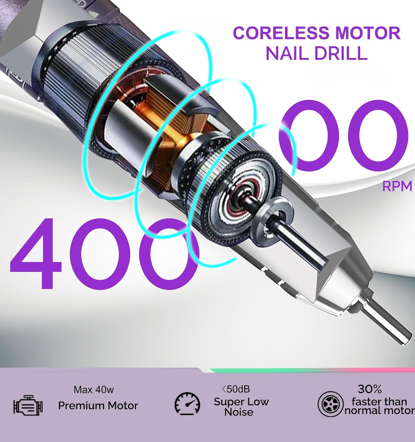 Professional Coreless Electric Nail Drill, 45000 RPM Portable Alloy Nail File Machine Rechargeable for Nail Salon,Midicure,Pedicure (Purple)