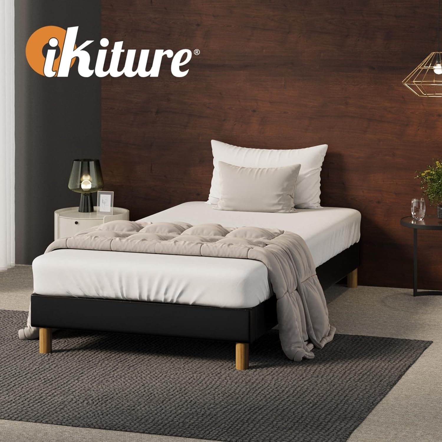 Oikiture King Single Bed with Leather Upholstery King Single Bed Frame Platfrom Foundation for Mattress Topper Black