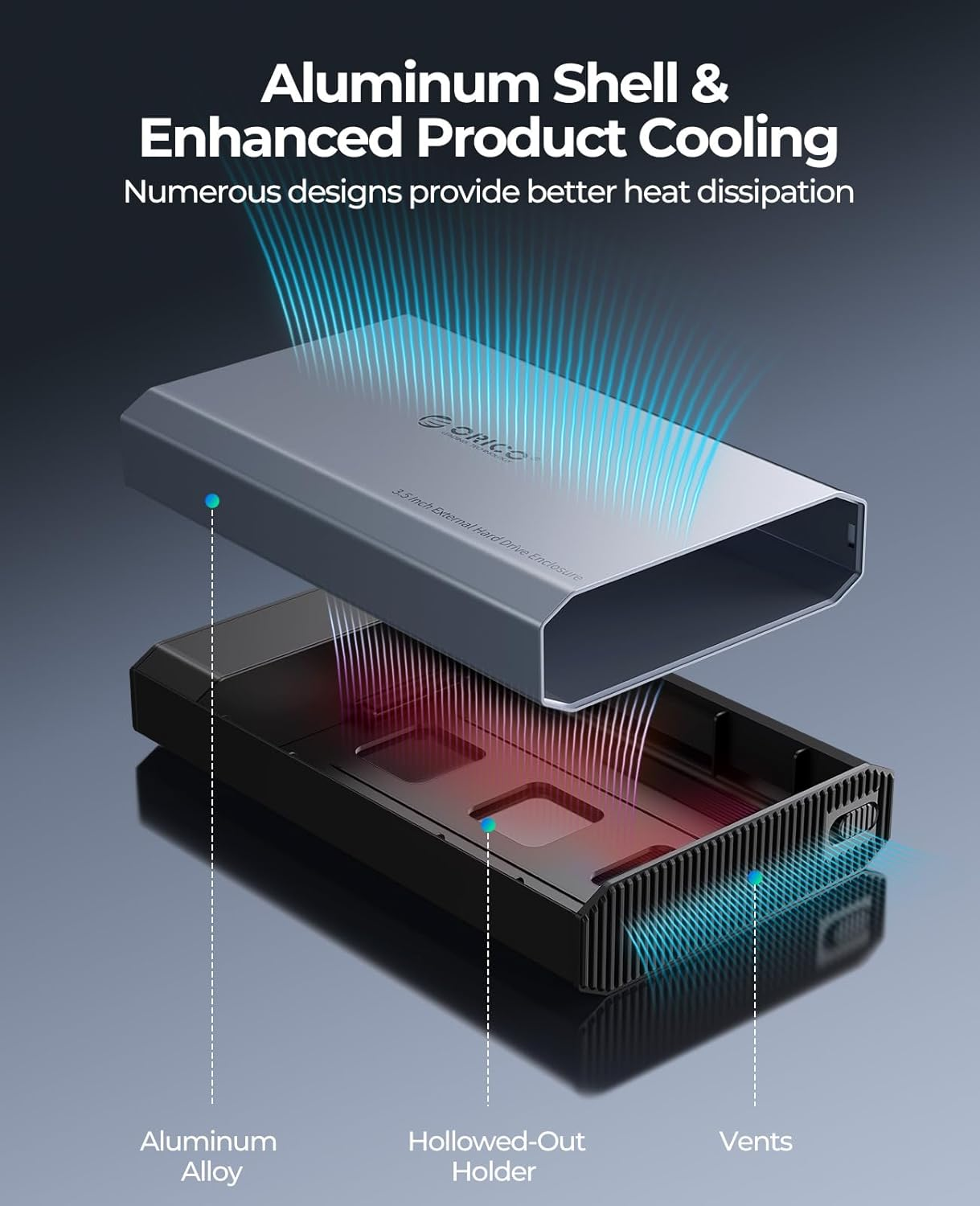 ORICO Aluminum 3.5 Hard Drive Enclosure with USB 3.2 Gen 2 6Gbps Transfer Speed, Fit for 3.5/2.5 Inch SATA HDD SSD up to 20 TB, USB C to USB C/A 2 in 1 Cable Compatible with Macbook Windows(Dd35-C3) image number 1