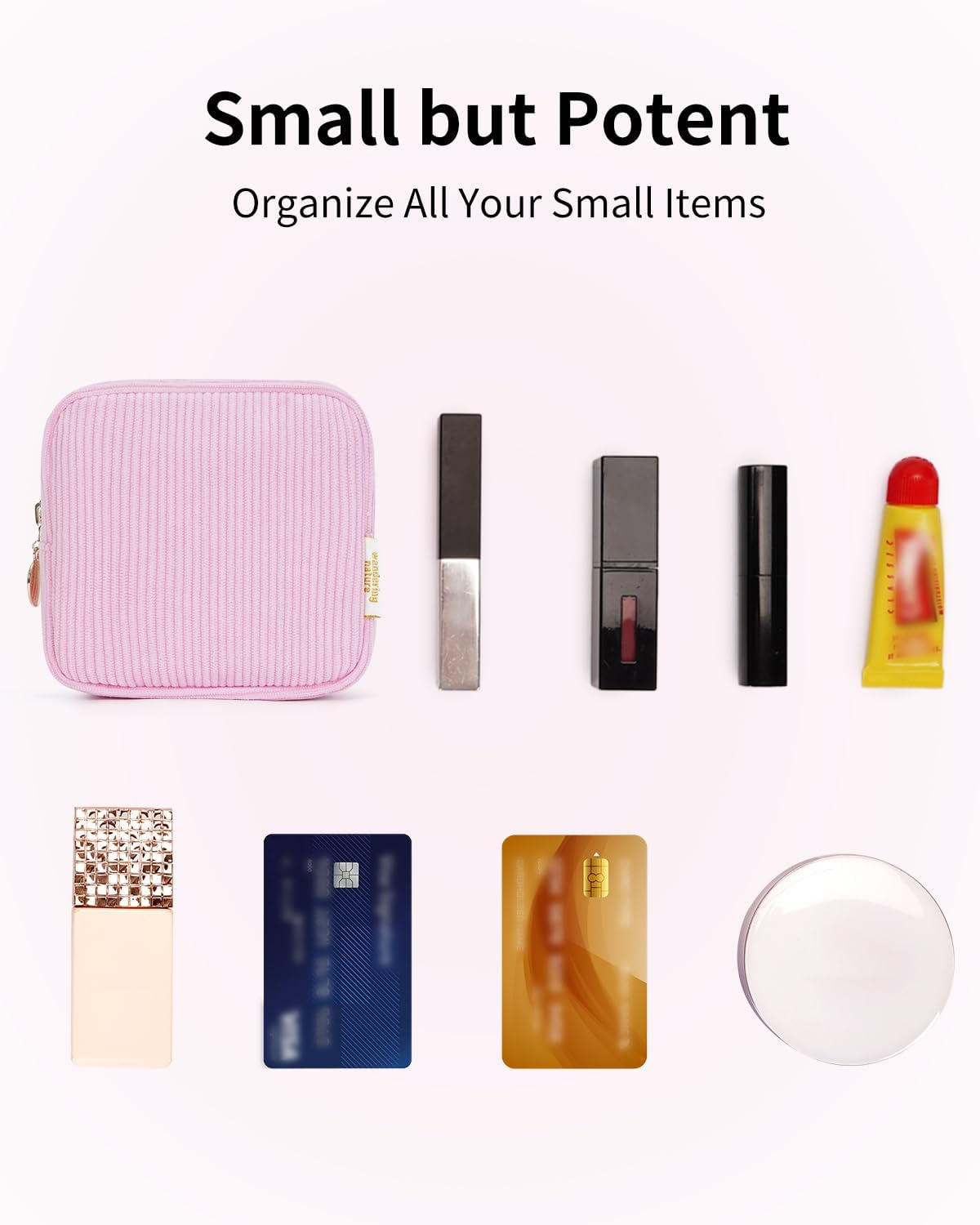 Wandering Nature Small Makeup Bag for Purse Zipper Cosmetic Bag for Women Pouch Travel Eco Vegan Leather Make up Organizer for Toiletry Bag Water Resistant Gift Idea, Black, Corduroy Pink, Mini, - Beige image number 6