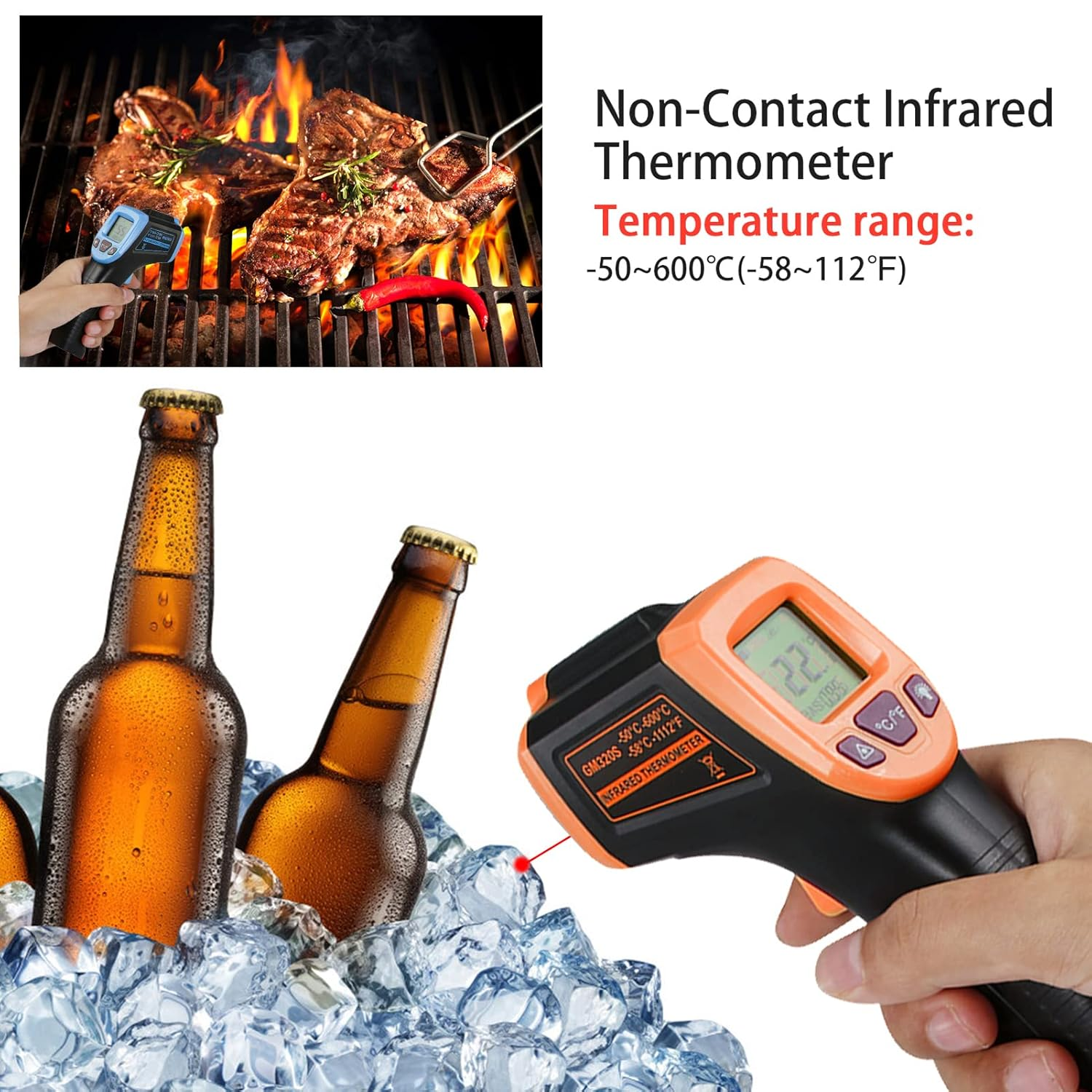 Infrared Thermometer, Non-Contact Digital Industrial Temperature Gun -58&deg;F to 1112&deg;F (-50&deg;C to 600&deg;C) with LCD Display,Orange image number 5