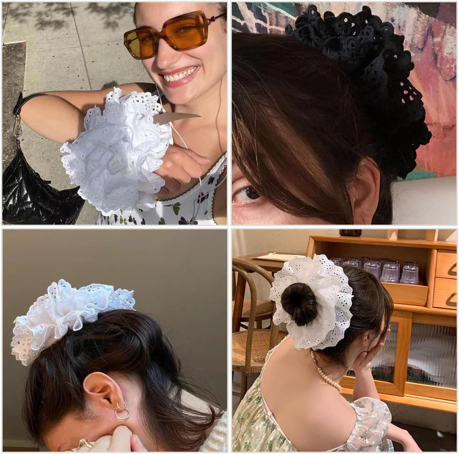 Large Lace Hair Scrunchies, 2Pcs White Lace Scrunchies Large Hair Scrunchies, Lace Double Layer Fancy Satin Hair Scrunchies