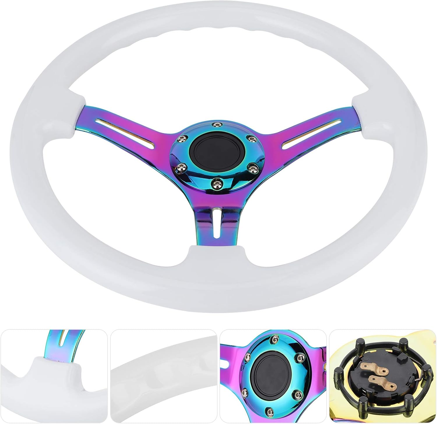 Universal Racing Steering Wheel, 14 Inch 3-Spoke Steering Wheel, 6-Bolt Fashion Colorful Spoke with Speaker Cable, ABS and Steel Spokes Drift Steering Wheel image number 2