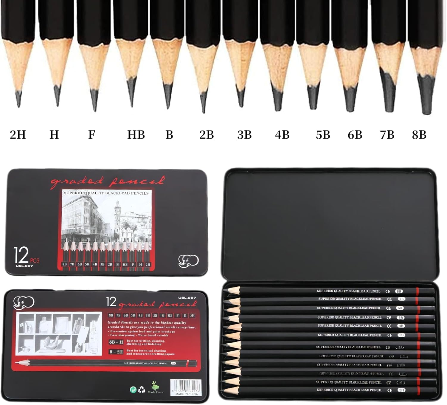MAIHUO 12 Pcs Graphite Pencils Set,Drawing Sketch Pencil Set,Art Set for Adults,Beginner,Profession Sketch Pen,8B,7B,6B,5B,4B,3B,2B,B,Hb,F,H,2H - Blackblack image number 5
