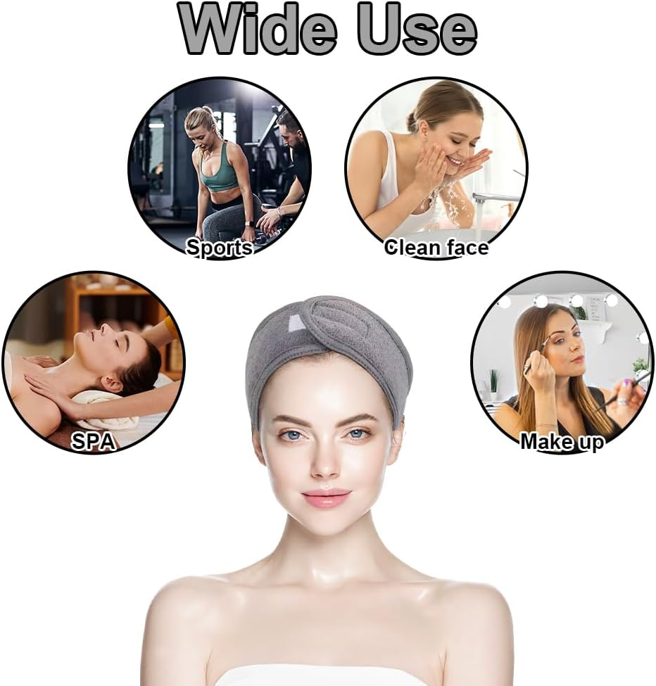 Pack of 3 Hair Bands for Make-Up, Cosmetic Headband, Terry Towelling, Spa Headband, Terry Towelling Hair Bands, Adjustable Hair Protection Band for Showers, Make up and Cosmetics (Grey) image number 4