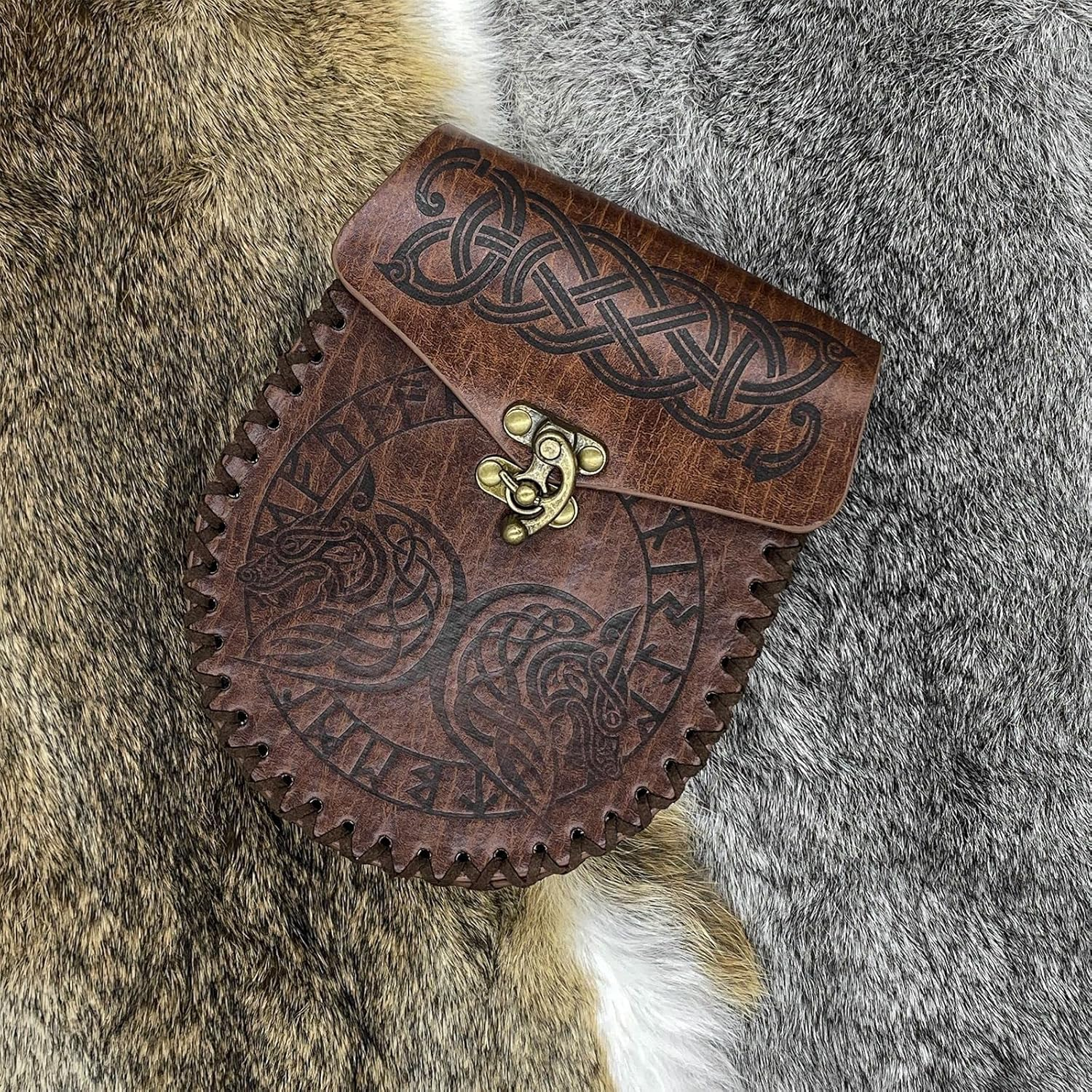 Retro Belt Pouch Coin Purse Waist Bag Medieval Viking Leather Belt Halloween Renaissance Costume Festival Cosplay Accessory (Black-Wolf), One Color, Brown-Wolf image number 5