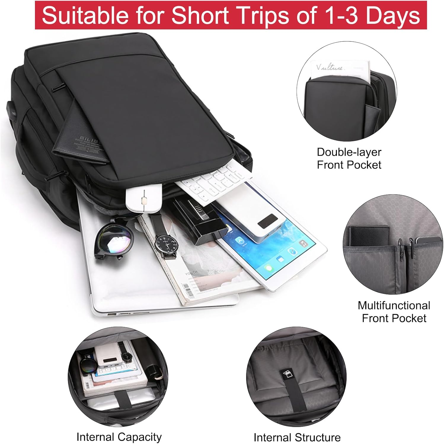 Laptop Backpack for Men, Business Travel Backpack with USB Charging Port, Waterproof Carry on Work Backpack, Portable Computer Backpacks Fits 15.6 Inch Laptop, Black image number 4